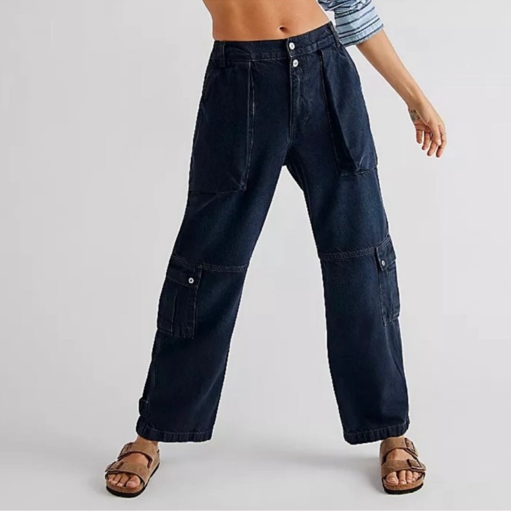 We The Free Dark Navy Wide Leg Cargo Jeans